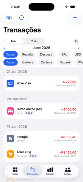 Tela Transações do app FinUp
